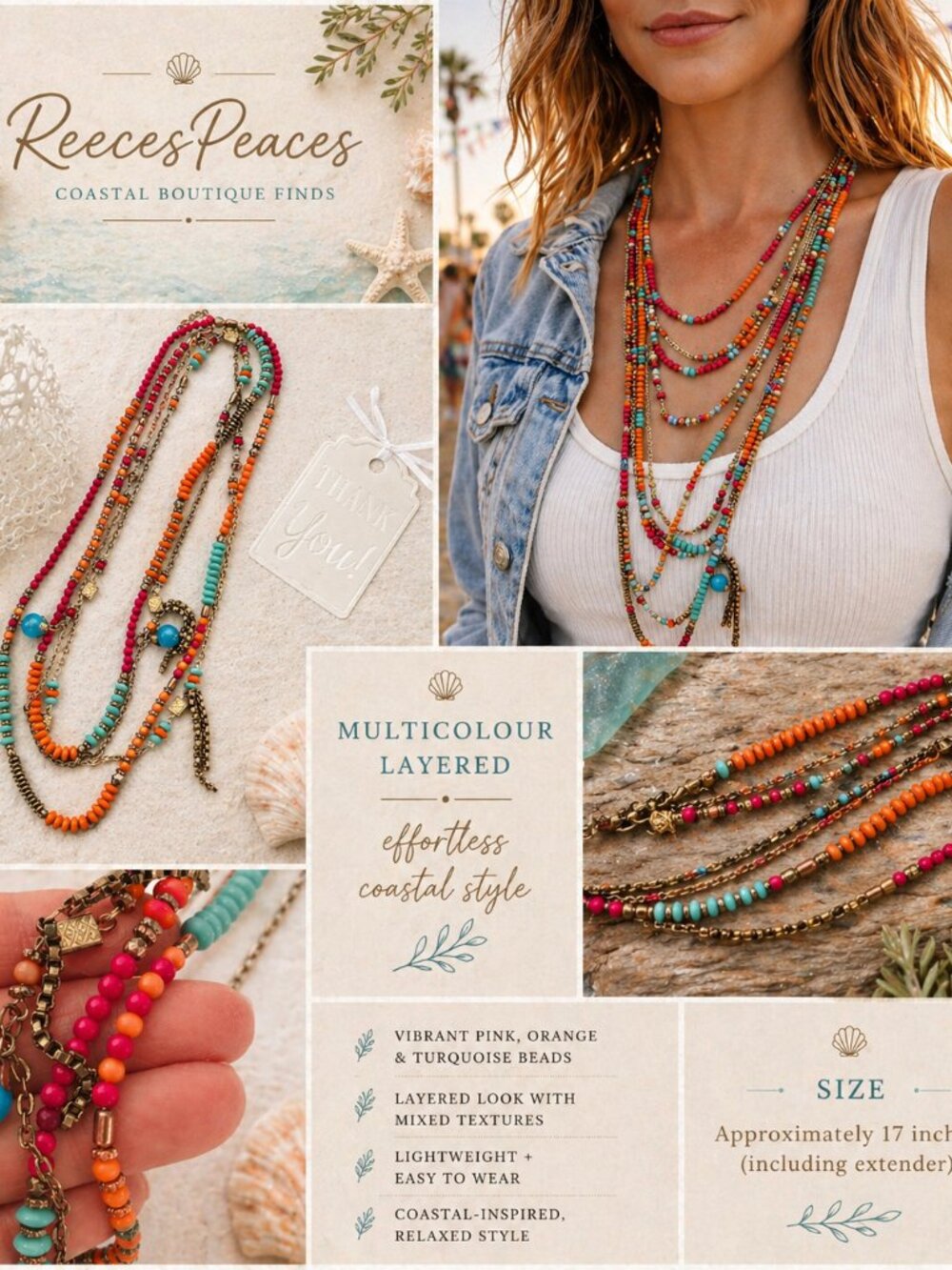 Multicolour Beaded Layered Necklace Coastal Statement Bright
